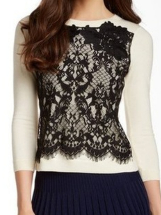 Diane Von Furstenberg Sweaters - Diane Von Furstenberg Ivory Wool Blend Long-Sleeve Top Black Lace Overlay Size L